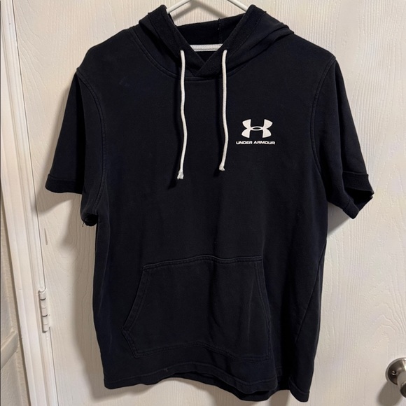 Under Armour Men’s Large Rival Terry Short Sleeve Hoodie Black Kangaroo Pocket - Picture 1 of 11
